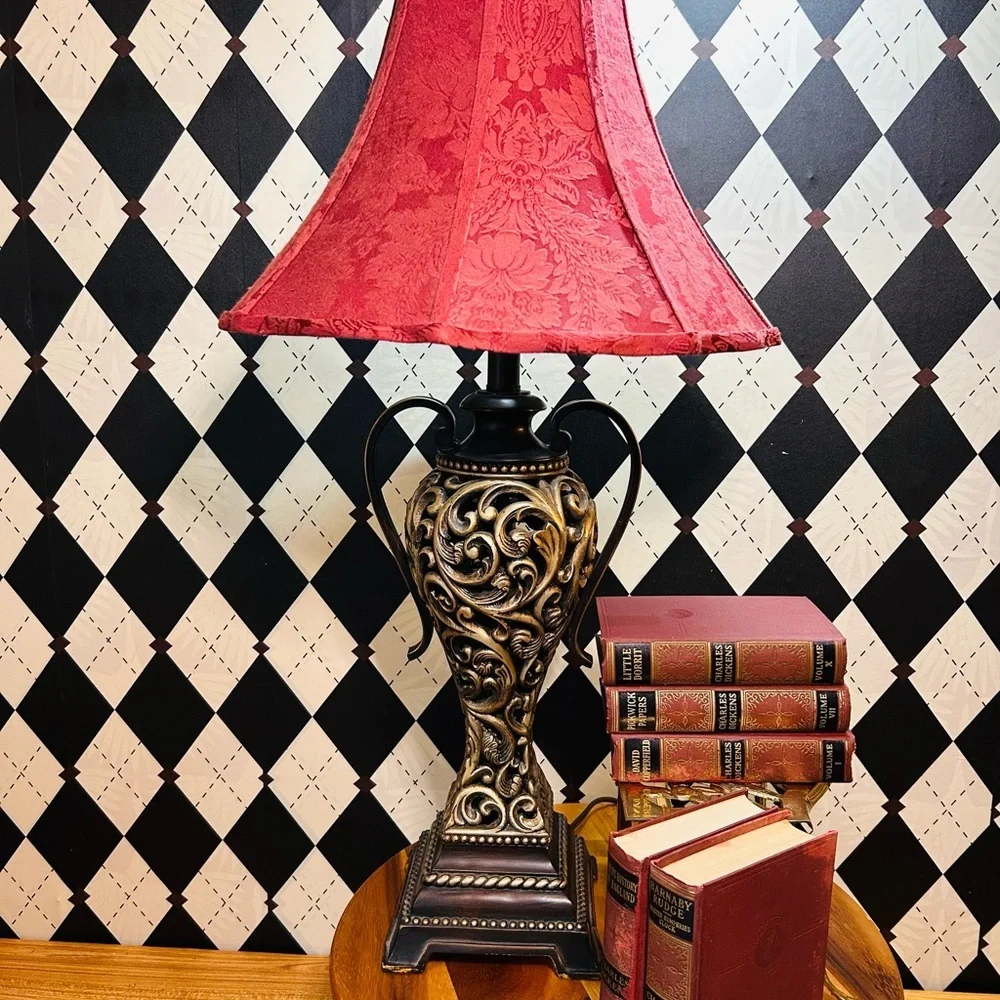 Luxury‎ Vintage Black & Gold Table Lamp with Deep Burgundy Shade Baroque Moody